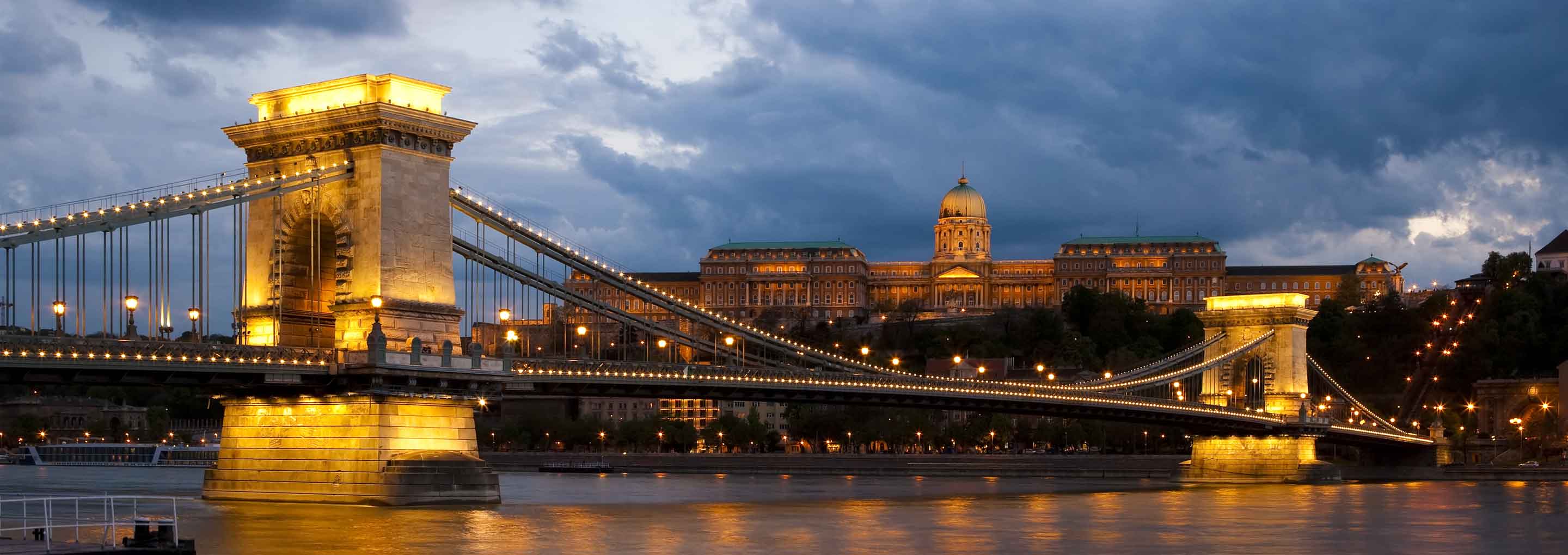 View across the Danube with the Chain Bridge and Castle of Budapest.