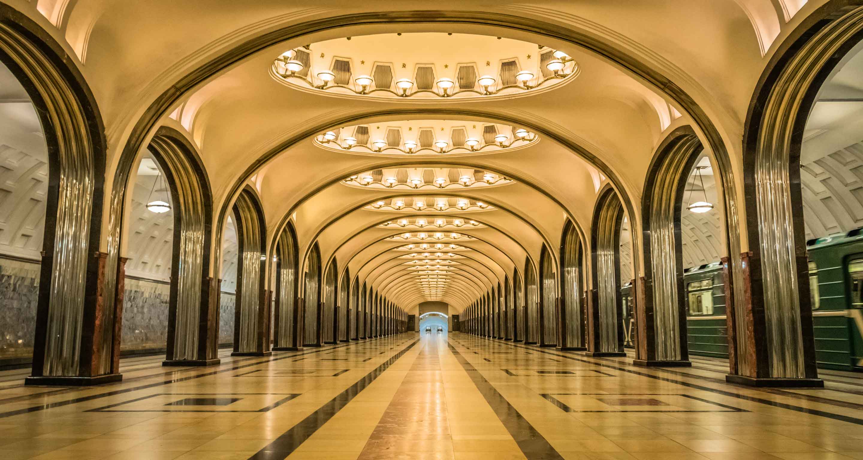Main hall of Mayakovskaya Metro Station in Moscow.